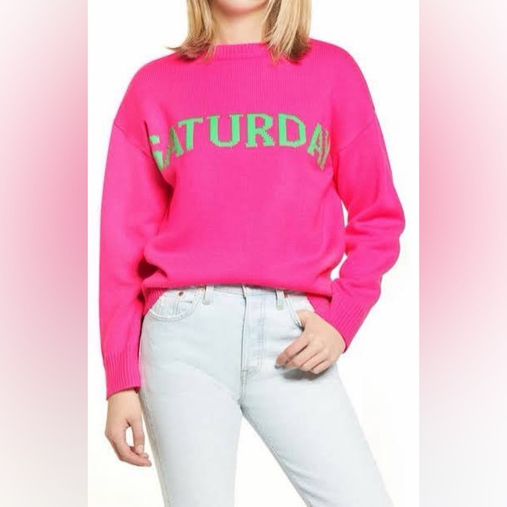 English Factory Bright Pink Sweater with Green Lettering